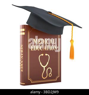 Livre d'éducation médicale avec chapeau de graduation, illustration 3D isolé sur fond blanc Banque D'Images