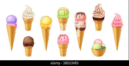 Collection de divers cônes et bols de crème glacée. Des cuillères lumineuses et colorées avec garnitures créent une ambiance estivale joyeuse. Parfait pour les thèmes de dessert et Illustration de Vecteur
