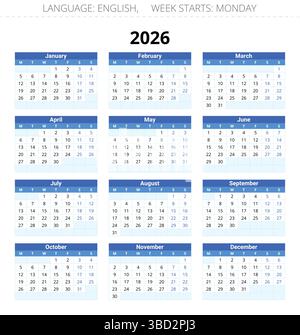 calendrier anglais de 2026 ans. Illustration vectorielle. La semaine commence lundi Illustration de Vecteur