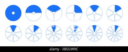 Diagramme divisé en cercles avec 1, 2, 3, 10, 7, 8, 9, 10, 11, 12 parts égales. Graphique en forme de graphique, graphiques plats de section en forme de pizza. Modèle vierge de coaching Illustration de Vecteur