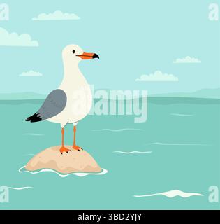 Magnifique Seabird Seagull se dresse sur Rock dans l'eau de mer calme. Paysage marin avec eau turquoise et ciel avec nuages. Illustration vectorielle. Affiche carrée avec Illustration de Vecteur