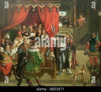 Philippe d'Acarnanie était ami et médecin d'Alexandre le Grand, dont une histoire bien connue est racontée par plusieurs auteurs antiques. Il était le moyen de sauver la vie du roi, quand il avait été saisi d'une grave attaque de fièvre. Parménion envoie avertir Alexandre que Philippe avait été soudoyé par Darius III pour l'empoisonner ; le roi, cependant, ne croirait pas l'information, ni douterait de la fidélité de son médecin, et il buvait la bière préparée pour lui. Peint par Hans Wertinger. Banque D'Images
