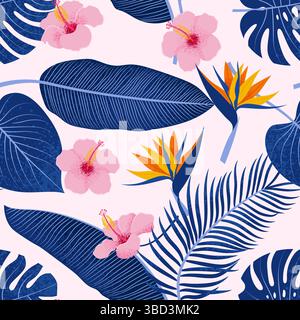 Feuilles tropicales et Hibiscus, et Strelitzia Flowers motif sans couture. Fond d'été. Illustration vectorielle dans un style plat rétro Illustration de Vecteur