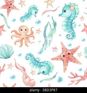 Hippocampe, étoile de mer, poulpe mignon illustration pour enfants motif sans couture. Personnages aquarelles, algues, bulles du monde sous-marin isolé de Banque D'Images