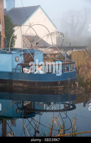 Grand canal, Irlande 08 Aprel, 2025, vue sur la Barge bleue tôt le matin brumeux, Celbridge, Co Kildare, Irlande Banque D'Images