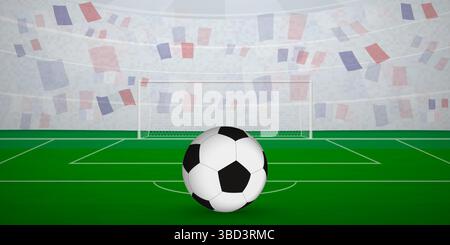 Stade de football français plein de fans avec drapeaux nationaux, illustration d'événements sportifs. Idéal pour une utilisation dans les promotions d'événements sportifs, les conceptions sur le thème du football, Illustration de Vecteur