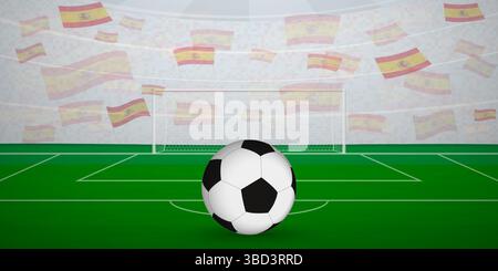 Stade de football espagnol plein de fans avec drapeaux nationaux, illustration d'événement sportif. Idéal pour une utilisation dans les promotions d'événements sportifs, les conceptions sur le thème du football, Illustration de Vecteur