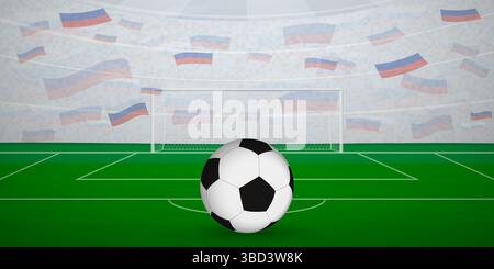 Stade de football russe plein de fans avec drapeaux nationaux, illustration d'événement sportif. Idéal pour une utilisation dans les promotions d'événements sportifs, les conceptions sur le thème du football, Illustration de Vecteur