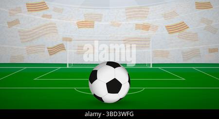 Arène de football catalan pleine de fans avec drapeaux nationaux, illustration d'événements sportifs. Idéal pour une utilisation dans les promotions d'événements sportifs, les conceptions sur le thème du football, Illustration de Vecteur