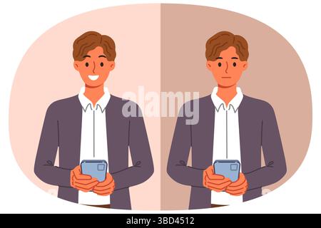 Homme d'affaires avec téléphone mobile se sent heureux ou triste après avoir utilisé l'application ou reçu un message Illustration de Vecteur