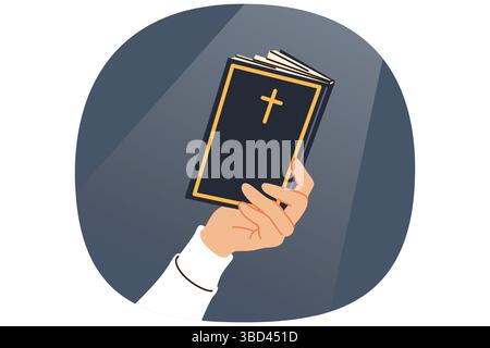 Sainte Bible en main de l'homme lisant des prières et des commandements, avec la croix chrétienne en couverture Illustration de Vecteur