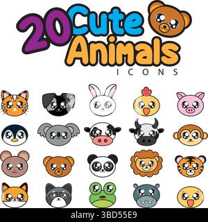Pack visages d'animaux mignons. Vecteur Illustration de Vecteur