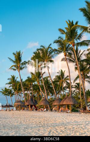 Le Morne, Maurice - 12 mai 2024 : des palmiers bordent une plage tropicale avec des cabanes de paille et des touristes se prélassant Banque D'Images