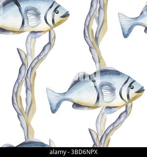 Motif sans couture d'aquarelle de vie nautique et marine avec illustration monochrome de poissons d'aquarium et d'algues. Fond bleu et beige dessiné à la main, Dee Banque D'Images