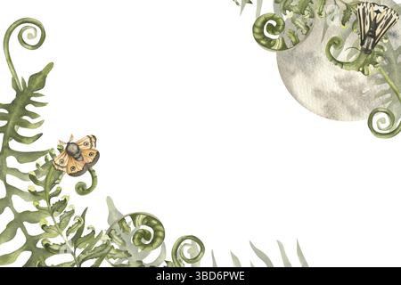 Modèle de bannière mystique avec la pleine lune, nuit mites en aquarelle de fougères forestières beige et verte illustration.clipart magique dessiné à la main pour halloween, esoter Banque D'Images