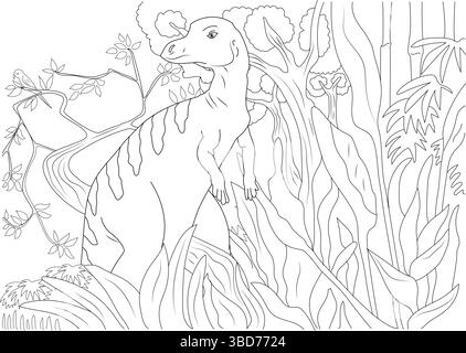 Illustration d'art de ligne noir et blanc d'un dinosaure de dessin animé debout dans un environnement de jungle préhistorique. Parfait pour une page de livre de coloriage pour enfants Illustration de Vecteur