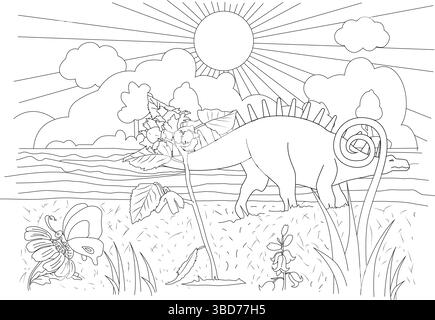 Illustration d'art au trait pour un livre de coloriage mettant en vedette un dinosaure semblable à un stégosaure dans un paysage préhistorique avec un grand soleil, des nuages, des plantes anciennes, un Illustration de Vecteur