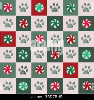 Plaid vert, rouge et blanc et motif pattes et bonbons Illustration de Vecteur