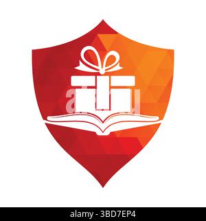 Vecteur de conception de logo de cadeau de livre. Symbole ou icône présent et commercialisé. bibliothèque et modèle de conception de logotype surprise. Illustration de Vecteur