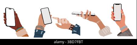Mains diverses tenant smartphone avec écran vierge Illustration de Vecteur
