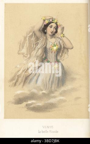 Figure allégorique de Vénus, la belle planète, deuxième du Soleil. Femme en guirlande d'étoiles, châle et corsage, décorée d'étoiles. Vénus, la belle Etoile. Chromolithographie de Godard d’après une illustration de Pierre-Gustave-Eugène Staal tirée des Etoiles animées d’Alfred Villeneuve, les étoiles animées, Louis Janet, Paris, années 1850 Banque D'Images