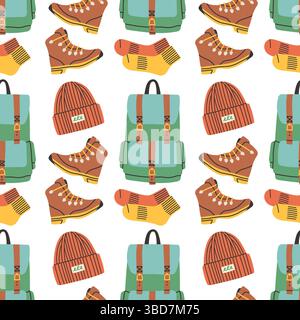 Modèle sans couture avec des éléments de camping sur fond blanc. Style plat vectoriel coloré. Conception dessinée à la main pour tissu, impression, emballage, textile Illustration de Vecteur