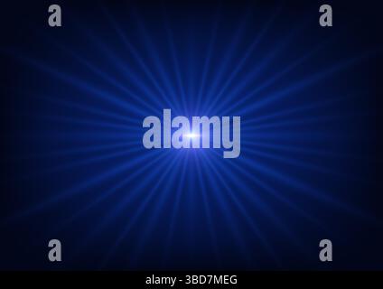 Une source lumineuse bleue centrale lumineuse émet des faisceaux rayonnants sur un fond sombre, avec un effet Starburst saisissant ou un effet de lumière parasite. technologie, science et futu Illustration de Vecteur