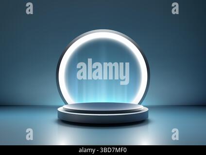 Podium futuriste élégant en 3D avec un cadre blanc circulaire lumineux et plate-forme bleu métallique, illuminé par une lumière bleue douce, présentations technologiques, p Illustration de Vecteur
