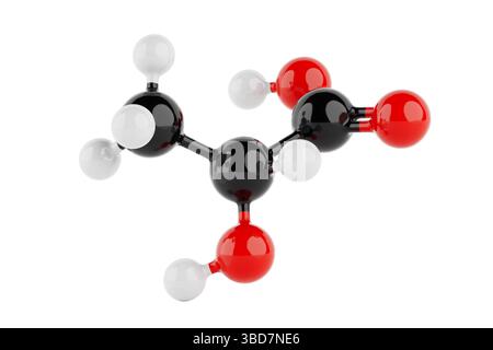 Concept de science chimique. Modèle coloré de structure moléculaire d'acide lactique avec des atomes reliés par des liaisons sur fond blanc. Rendu 3D. Banque D'Images