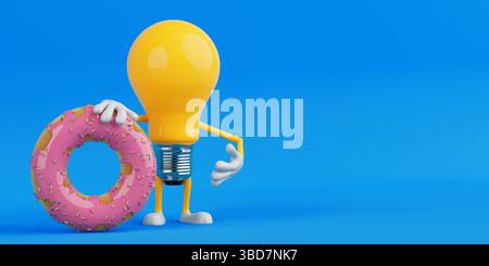 Concept d'idée douce. Personnage d'ampoule tenant beignet glacé rose avec des saupoudres sur fond bleu. Rendu 3D. Banque D'Images