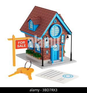 Concept d'achat immobilier. Cartoon Brick House avec signe de vente, clés et contrat sur fond blanc. Rendu 3D. Banque D'Images