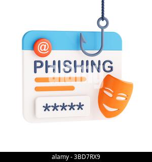 Sensibilisation aux menaces de cybersécurité. Interface de connexion de phishing avec crochet et masque symbolisant le vol de données sur fond blanc. Rendu 3D. Banque D'Images