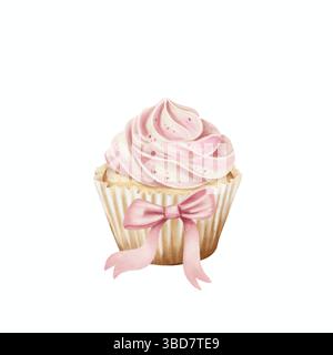 Délicieux cupcake avec glaçage rose avec ruban aquarelle isolée illustration dessinée à la main. Symbolisez le bonheur, l'amitié et la célébration. Banque D'Images