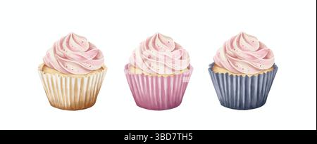Délicieux cupcakes avec glaçage rose isolé aquarelle dessinée à la main illustration. Symbolisez le bonheur, l'amitié et la célébration Banque D'Images
