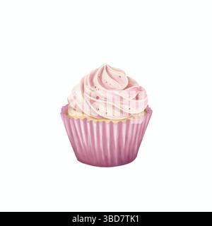 Délicieux cupcake avec glaçage rose isolé aquarelle dessinée à la main illustration. Symbolisez le bonheur, l'amitié et la célébration. Banque D'Images