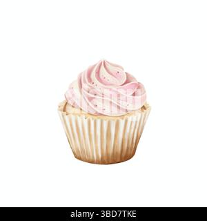 Délicieux cupcake avec glaçage rose isolé aquarelle dessinée à la main illustration. Symbolisez le bonheur, l'amitié et la célébration. Banque D'Images