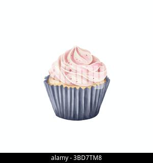 Délicieux cupcake avec glaçage rose isolé aquarelle dessinée à la main illustration. Symbolisez le bonheur, l'amitié et la célébration. Banque D'Images