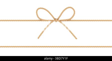 Concept de cadeau ou de décoration. Corde torsadée brune attachée dans l'arc sur fond blanc avec des lignes horizontales. Rendu 3D. Banque D'Images