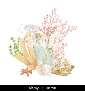 Bouteille en verre avec une note à l'intérieur parmi les algues et les coraux est illustration aquarelle. Une bouteille de mer avec volute et coquillages océaniques, isolée sur blanc Banque D'Images