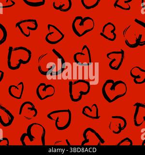 Modèle sans couture avec des coeurs dessinés à la main. Doodle grunge coeurs noirs sur fond rouge. Illustration vectorielle. Illustration de Vecteur