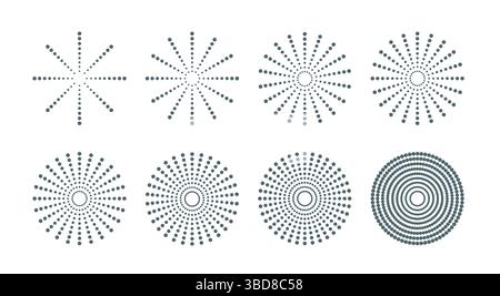 Soleil rond rétro pointillé, étoile, rayons. Feux d'artifice vectoriels tendance minimaliste, cadre rond, lumière du soleil. Illustration de Vecteur