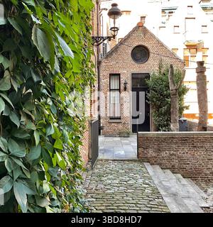Le lierre luxuriant recouvre un mur devant une petite maison en briques avec une porte noire et une fenêtre ronde, créant une charmante scène urbaine Banque D'Images