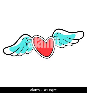 Coeur ailé dans le style dessin animé. Cette image vectorielle présente un cœur rouge avec des ailes blanches et bleu clair dans un style de dessin animé. Illustration de Vecteur