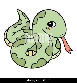 Adorable Cartoon Snake. Cette illustration représente un serpent vert clair mignon avec une expression ludique et amicale. Illustration de Vecteur