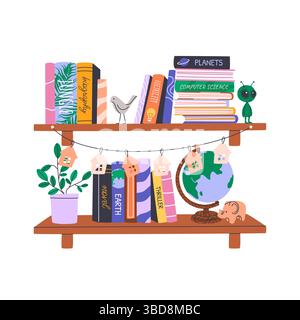 Piles de livres sur des étagères. Bibliothèque personnelle. Illustration de Vecteur