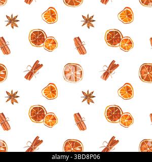 Aquarelle sans couture motif dessiné à la main avec des oranges séchées, cannelle et anis Banque D'Images