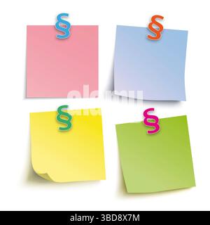 Bâtons de couleur 4 paragraphes de couleur Notes adhésives de couleur avec symboles de paragraphe rappel juridique ou concept de loi. Banque D'Images