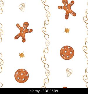 Aquarelle fantaisiste biscuits en pain d'épice glacé avec des accents d'étoile dorée et de coeur sans couture. Biscuits dessinés à la main pour le nouvel an et Noël Banque D'Images