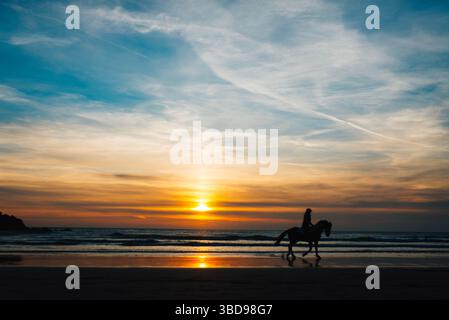 Silhouette d'un cheval et cavalier sur la plage de Perranporth, Cornwall, au coucher du soleil, avec des reflets dorés sur le sable humide et des vagues qui roulent doucement. Banque D'Images