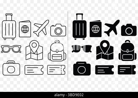 Ensemble vectoriel d'icônes de voyage – contour minimaliste et illustrations de tourisme de style solide Illustration de Vecteur